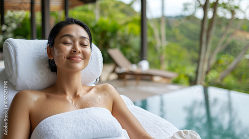 A woman enjoys a peaceful moment in the spa center in a lush landscape. Smiling woman relaxing in a serene tropical retreat during the day. Free Download A woman enjoys a peaceful moment in the spa center in a lush landscape. Smiling woman relaxing in a serene tropical retreat during the day. - GFXLoad