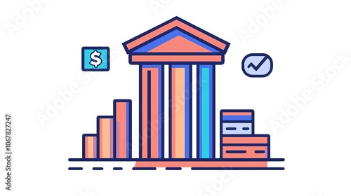 A bank building with financial graphs and dollar signs, representing finance, investment, and economic growth in a simplified, colorful design.