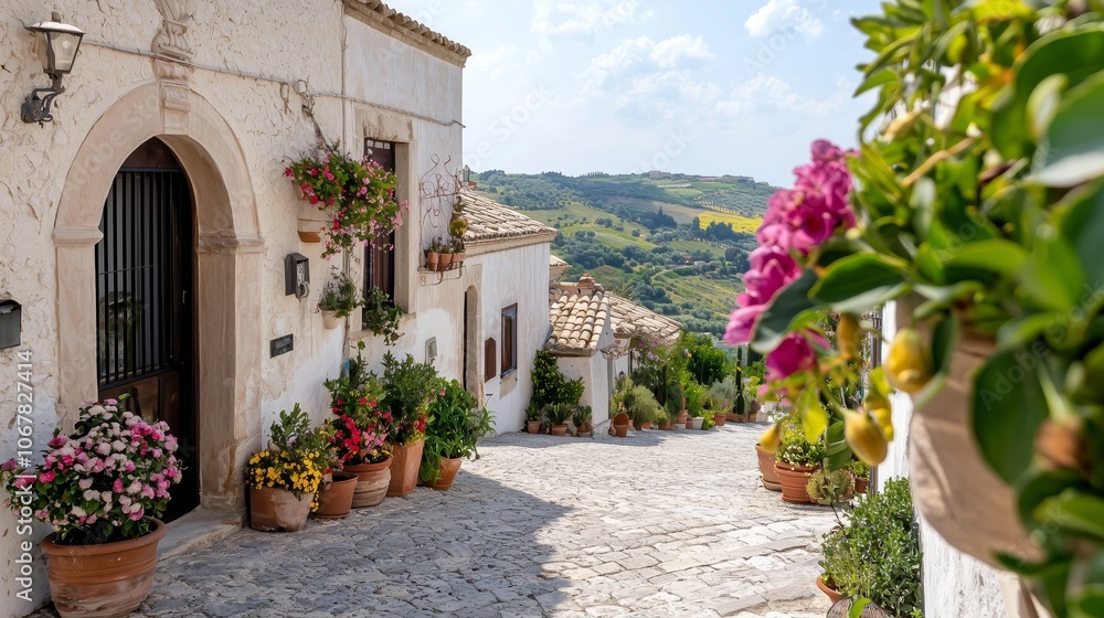 Naklejka premium Charming cobblestone street in a scenic village adorned with flowers. A picturesque village street lined with vibrant flowers and greenery.