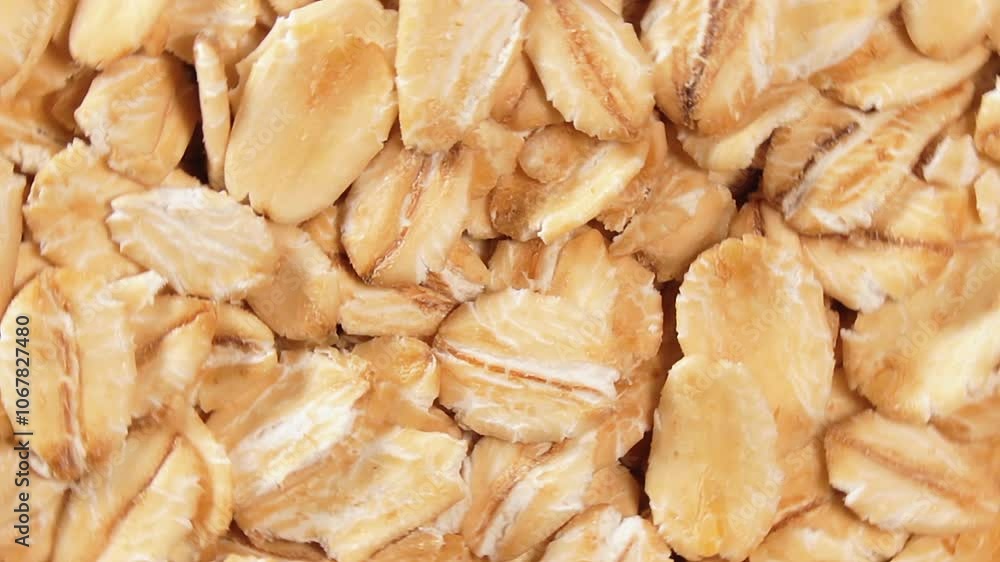 Oat Flakes Background Rotating Left - Top View, Close-Up. Scattered Dry Oat Flakes. Healthy Breakfast and Diet Eating Ingredients Oat Flakes Background Rotating Left - Top View, Close-Up. Scattered Dry Oat Flakes. Healthy Breakfast and Diet Eating Ingredients