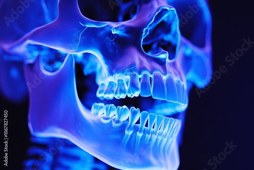 An x-ray image creatively presenting a skull in profile view, illuminated by a vivid blue light that accentuates the jawline and dental architecture artistically. photo