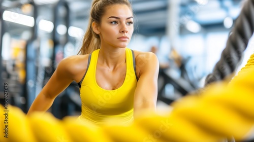 A young woman exercising with yellow battle ropes in a modern gym environment. Female athlete focuses intensely while using battle ropes for strength training. photo