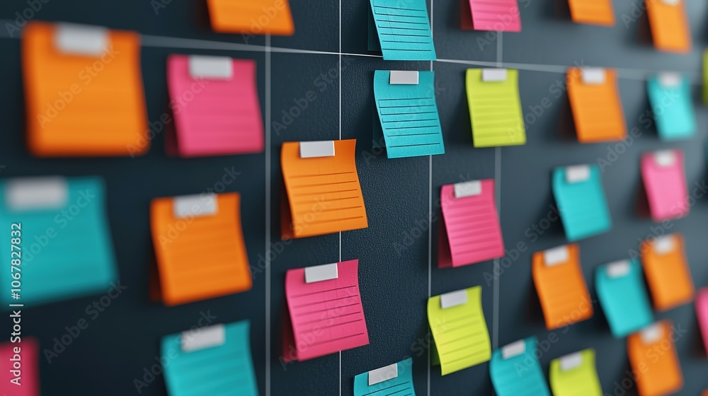 A vibrant array of colorful sticky notes arranged on a dark board, showcasing ideas or tasks in a visually organized manner. A vibrant array of colorful sticky notes arranged on a dark board, showcasing ideas or tasks in a visually organized manner.