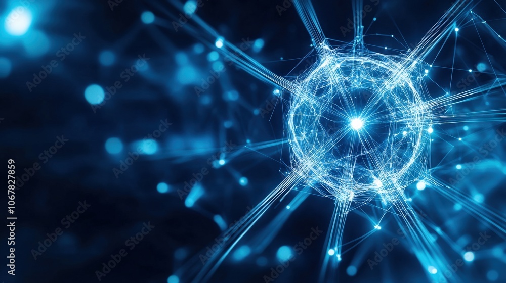 Fototapeta premium Abstract visualization of a glowing blue particle on a dark background.