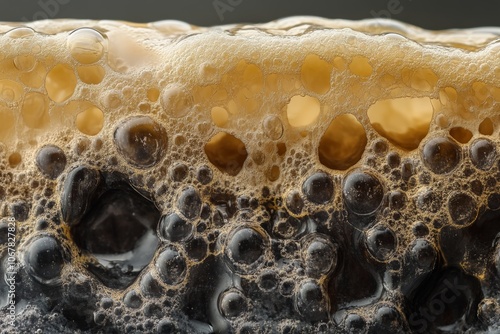 This image displays a rich textured foam with deep brown and black tones, showcasing the intricate bubbles and the play of light on a dark surface. photo