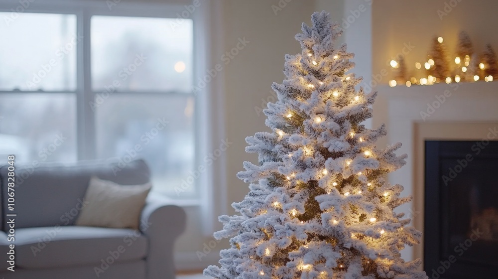 A Snowy Christmas Tree with Warm Lights in a Cozy Living Room A Snowy Christmas Tree with Warm Lights in a Cozy Living Room