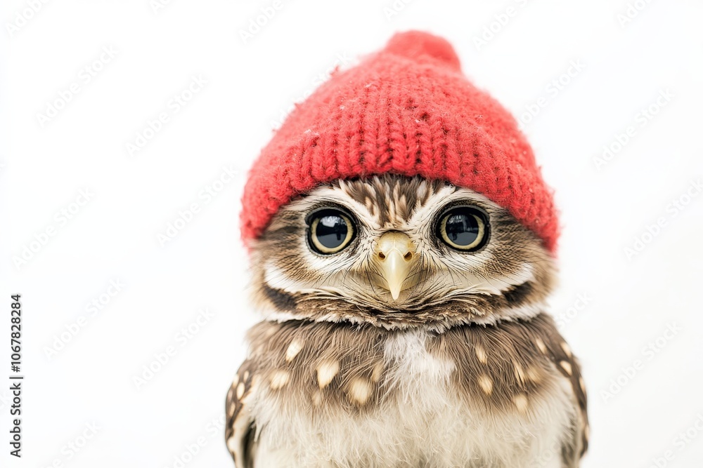 Obraz premium A charming little owl wearing a cozy red knitted hat, its large eyes filled with curiosity. The owl's feathers are beautifully patterned with shades of brown and white.