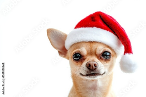 A playful Chihuahua wears a festive Santa hat, embodying a joyful spirit of the holiday season with its cheerful presence and whimsical fashion sense. photo