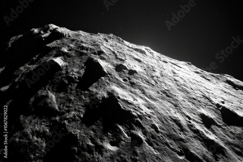 A stark and rugged lunar landscape is illuminated under a distant starry sky, displaying an impressive array of craters and shadows across its rocky surface. photo