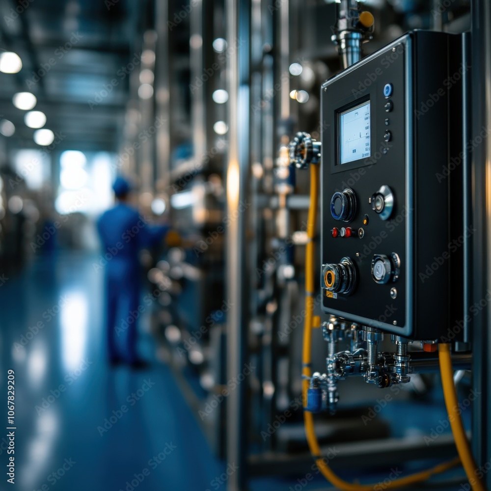 Control panel in a modern industrial facility with blurred operator in the background. Control panel in a modern industrial facility with blurred operator in the background.