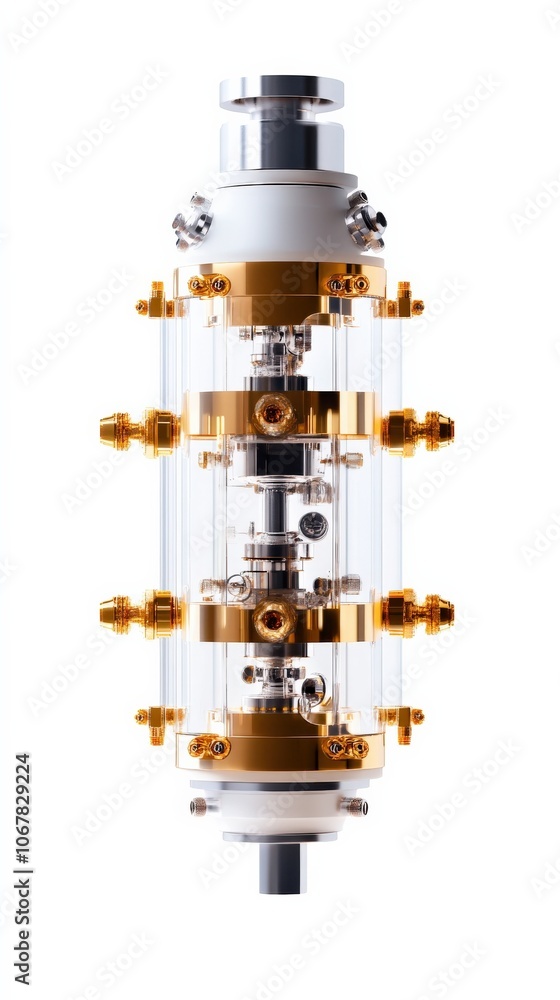 Cutting-edge transparent quantum device with gold accents, isolated on white background. Cutting-edge transparent quantum device with gold accents, isolated on white background.