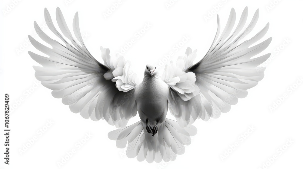 Obraz premium Dove with wings spread wide, white isolated background.