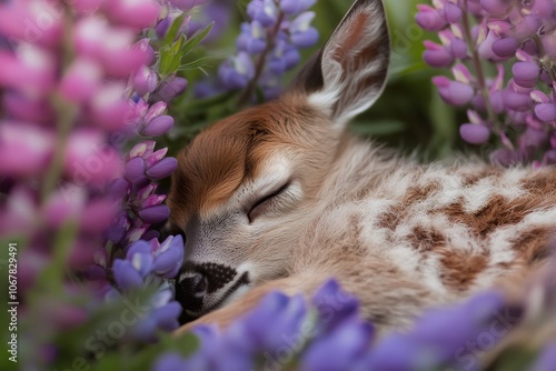 In this image, a sleeping fawn is surrounded by vibrant purple blossoms, offering a sense of calm and comfort in a lush, natural environment. photo