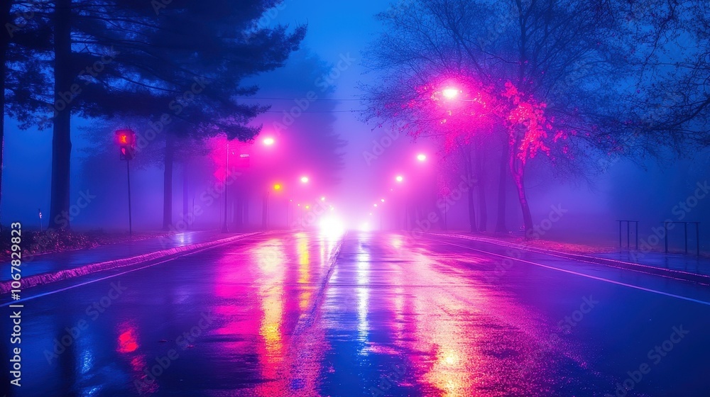 Experience a serene urban landscape with misty streets, where wet asphalt reflects soft pink hues and foggy ambiance. Experience a serene urban landscape with misty streets, where wet asphalt reflects soft pink hues and foggy ambiance.