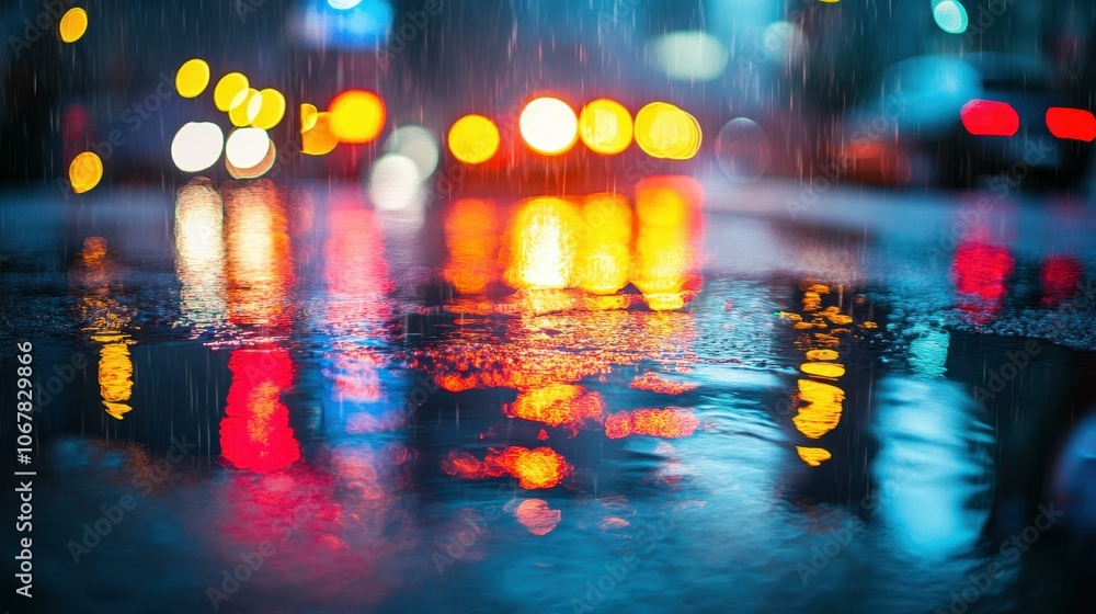 Obraz premium A moody urban street at night, with puddles reflecting colorful city lights, creating a tranquil atmosphere.