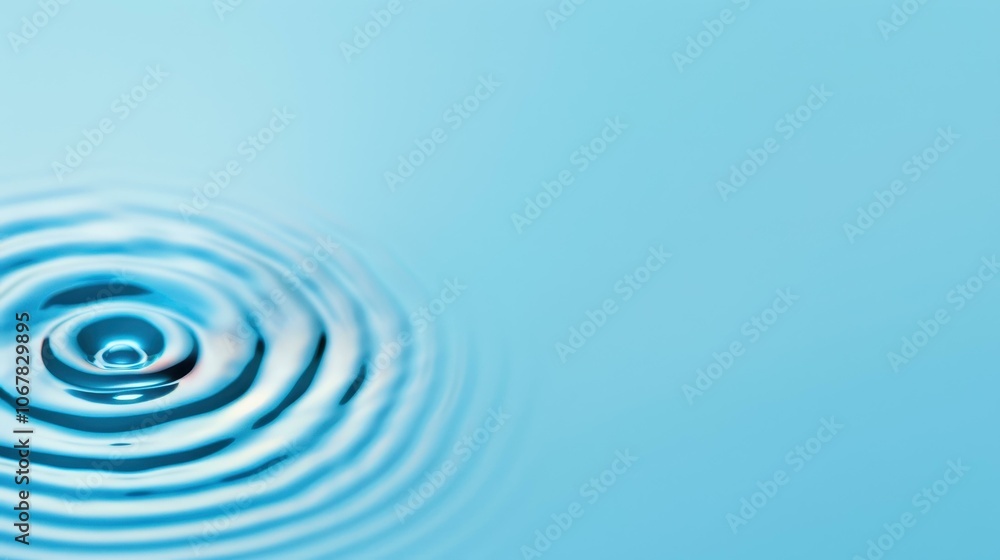 A closeup view of a water droplet initiating serene ripples against a calm blue backdrop, embodying peace and clarity. A closeup view of a water droplet initiating serene ripples against a calm blue backdrop, embodying peace and clarity.