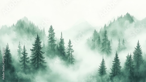 A serene watercolor painting of misty mountains, capturing the essence of a foggy wilderness in soft graygreen hues. photo