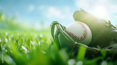 Closeup of a vintage baseball glove and ball resting on lush green grass, evoking the timeless spirit of the game. photo