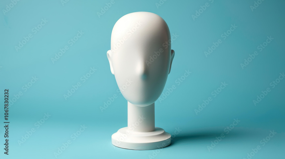 A white mannequin head stands out against a calming blue backdrop, perfect for showcasing fashion ideas. A white mannequin head stands out against a calming blue backdrop, perfect for showcasing fashion ideas.