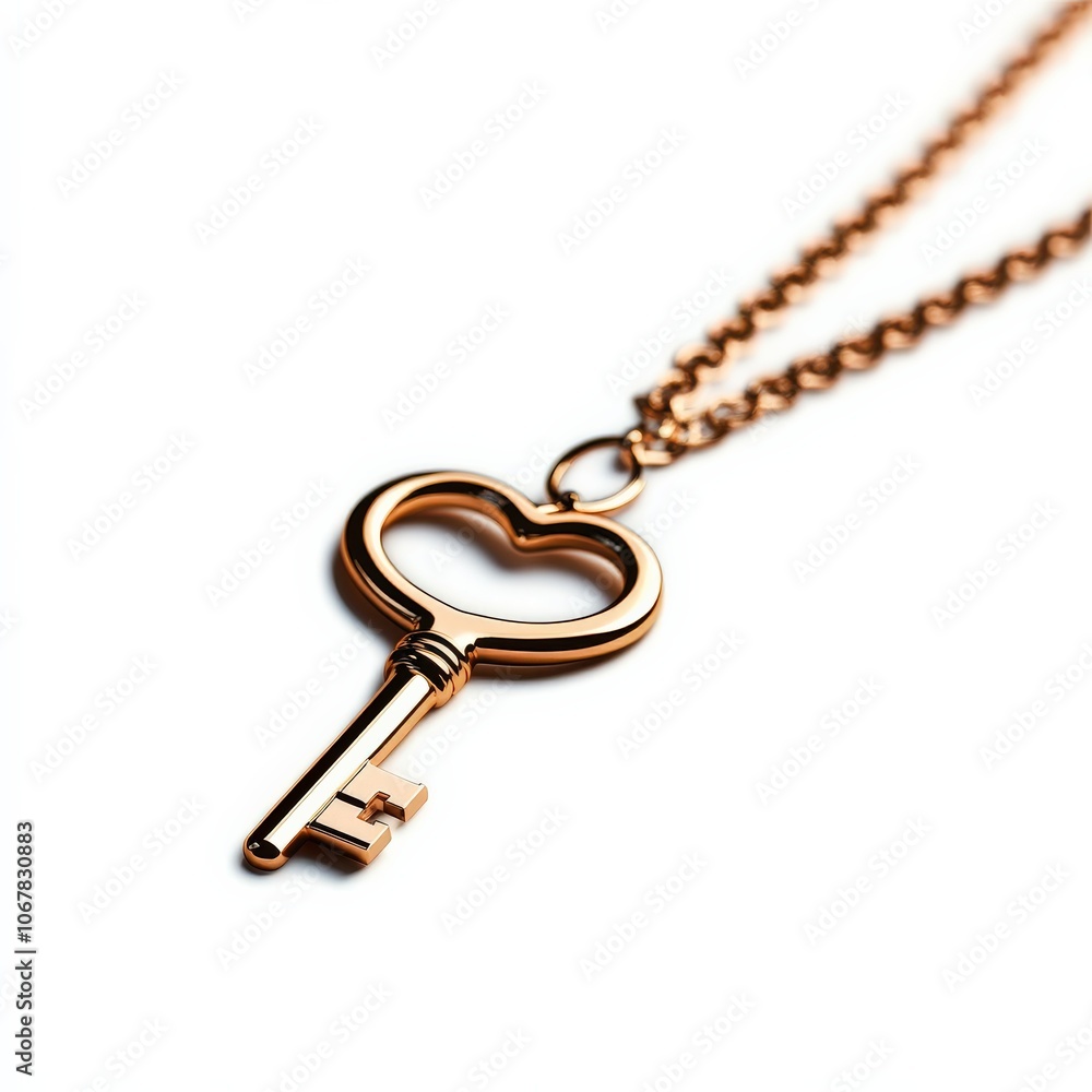 Heart-shaped key pendant on a delicate chain, white isolate background. Heart-shaped key pendant on a delicate chain, white isolate background.