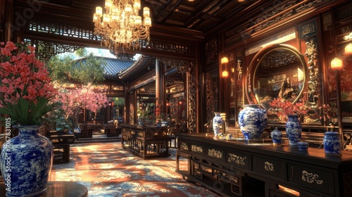 A traditional Chinese home interior with intricate details and ornate furniture.