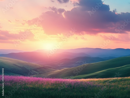 Experience the serenity of gentle rolling hills at sunrise under a vibrant sky