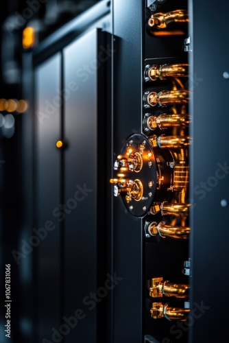 High-tech server with golden connectors in a modern data center environment. photo