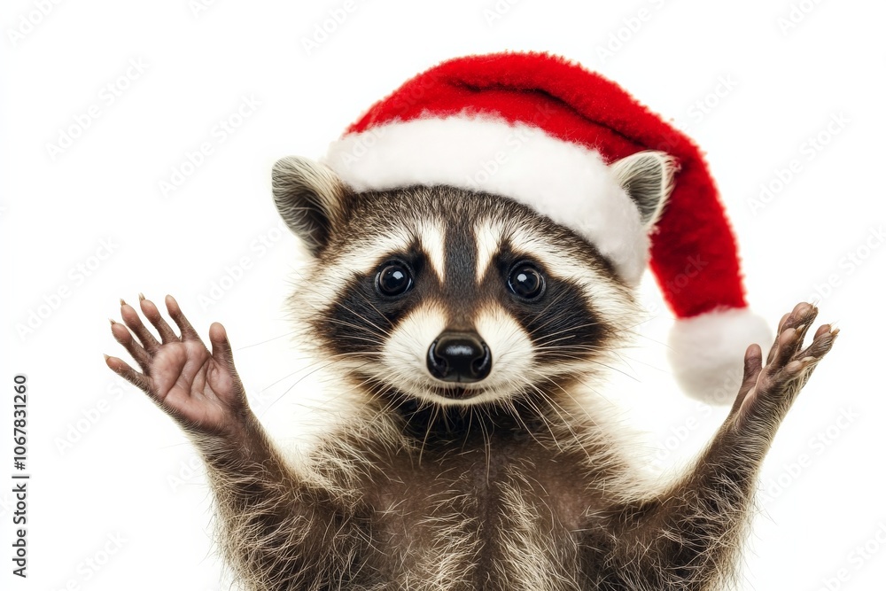 A cute raccoon dressed with a red Santa hat, smiles happily in front of a plain white background, capturing the festive and joyful spirit of the holiday season. A cute raccoon dressed with a red Santa hat, smiles happily in front of a plain white background, capturing the festive and joyful spirit of the holiday season.