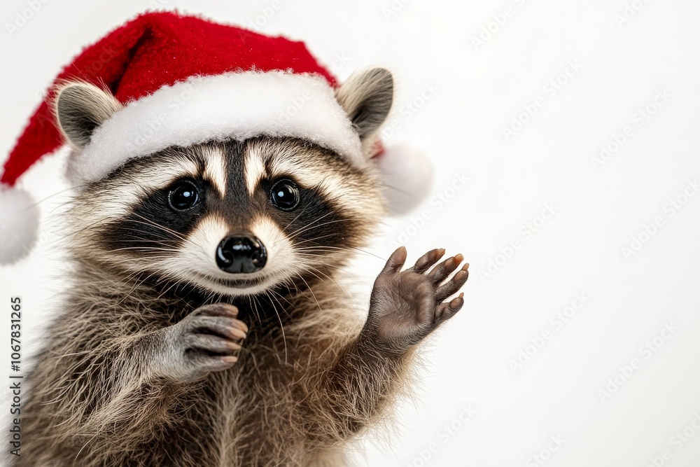 Obraz premium A joyful image of a raccoon donning a Santa hat and waving happily against a clean white background, blending holiday cheer and playful charm into one frame.