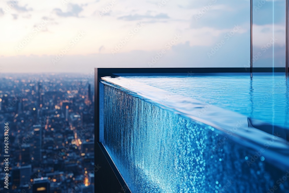 Fototapeta premium A modern infinity pool offers a breathtaking view of the bustling city skyline during the serene sunset, merging urban landscape with luxury and relaxation.