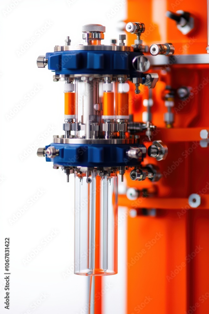 Industrial equipment with glass tubes and metallic components, white isolate background Industrial equipment with glass tubes and metallic components, white isolate background