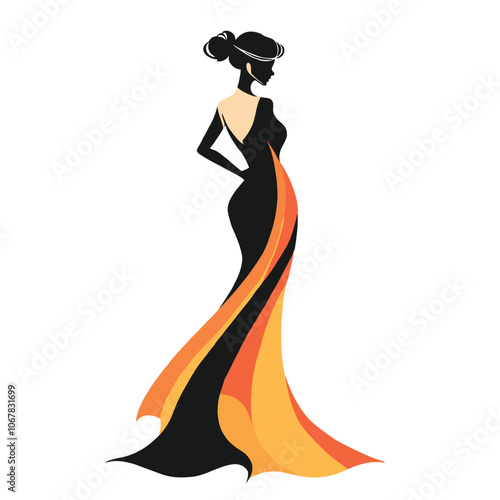 Beautiful woman in an evening gown with simple shapes and lines, on a white background, professional design with elegant curves and black silhouette on the side of the dress