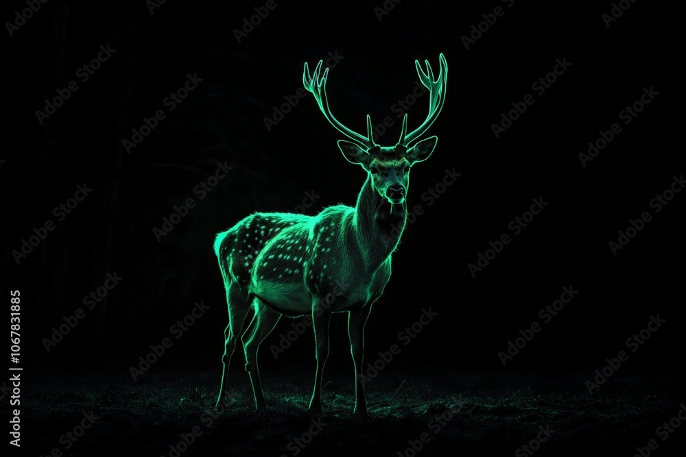 A magnificent image of a deer posed with elegance in a wilderness setting, bathed in an ethereal emerald glow, symbolizing nature's grace and tranquility. A magnificent image of a deer posed with elegance in a wilderness setting, bathed in an ethereal emerald glow, symbolizing nature's grace and tranquility.
