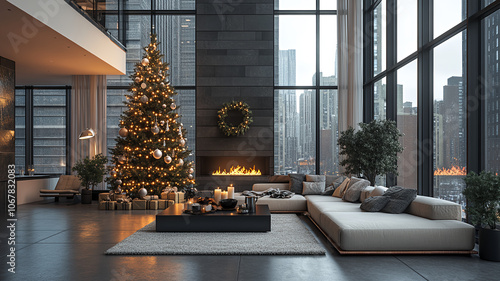 christmas, season, holiday, living room, snow, forest, christmas decoration, christmas tree, fir tree, decoration, ornament, stylish, modern, cool, luxury, night view, sunset, candle, fireplace