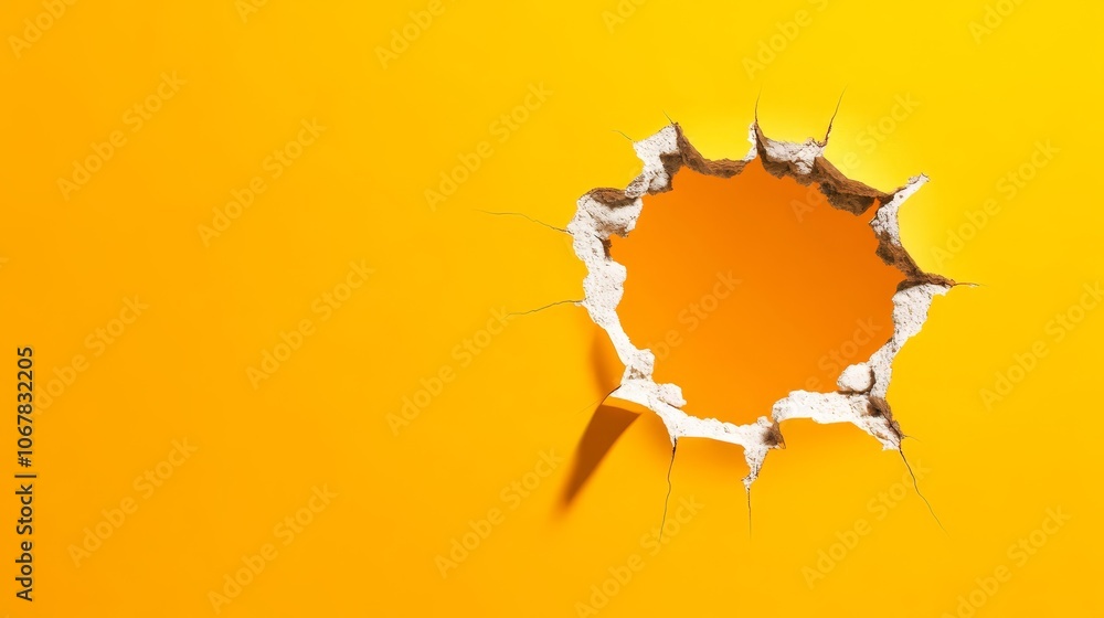 Striking visual, a solitary hole in wall against vivid yellow backdrop Striking visual, a solitary hole in wall against vivid yellow backdrop