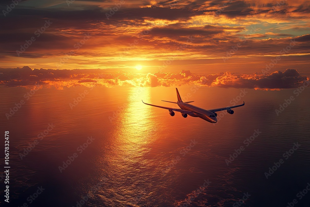 beautiful scene of air luxury plane flying above ocean sunset view background beautiful scene of air luxury plane flying above ocean sunset view background