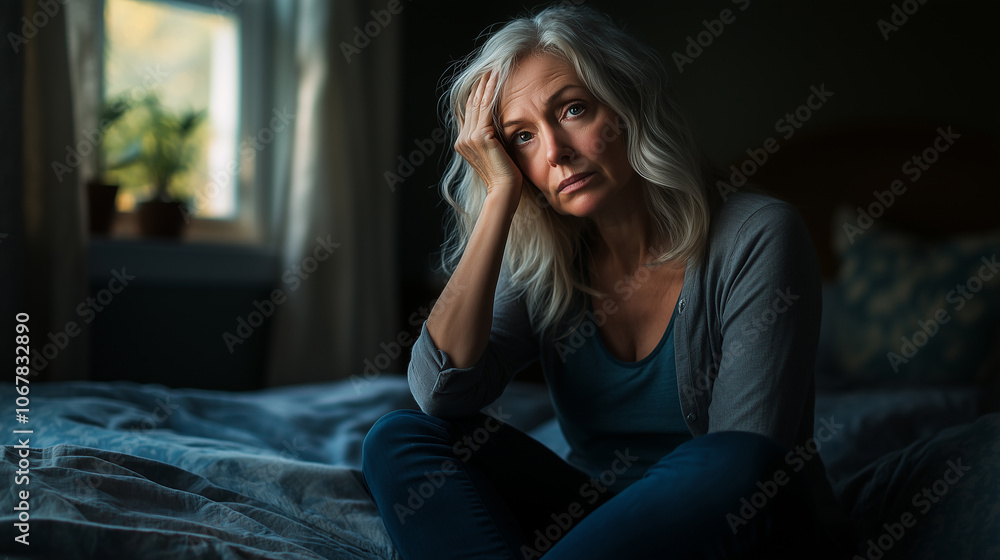 Middle-aged woman sitting on her bed with an anxious expression, hands holding her head in distress, subtle light filtering through the window, capturing a moment of worry and introspection. Middle-aged woman sitting on her bed with an anxious expression, hands holding her head in distress, subtle light filtering through the window, capturing a moment of worry and introspection.