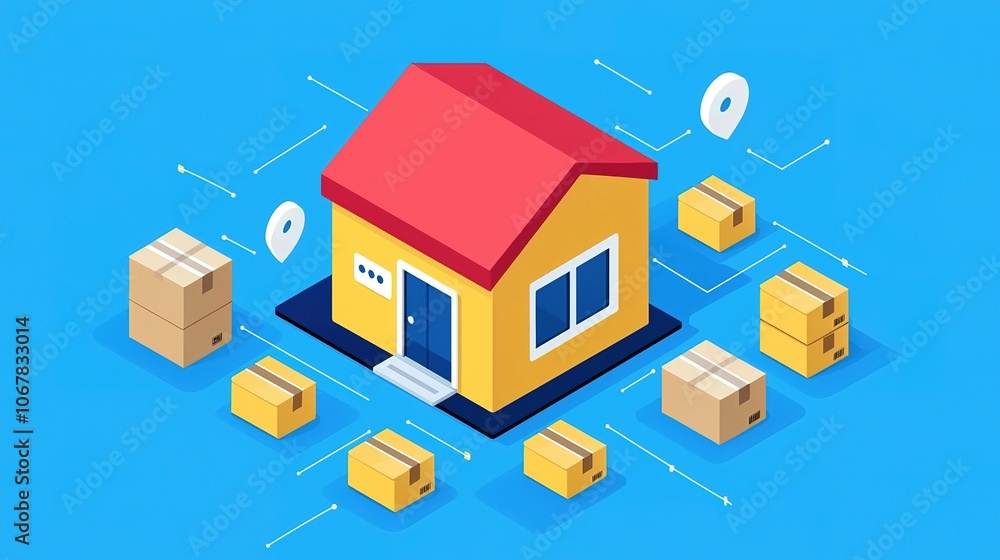 A colorful illustration of a house surrounded by delivery boxes, symbolizing home delivery and logistics in a modern context. A colorful illustration of a house surrounded by delivery boxes, symbolizing home delivery and logistics in a modern context.