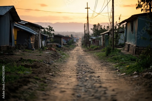 Quiet dirt road between simple houses at sunset, peaceful atmosphere.