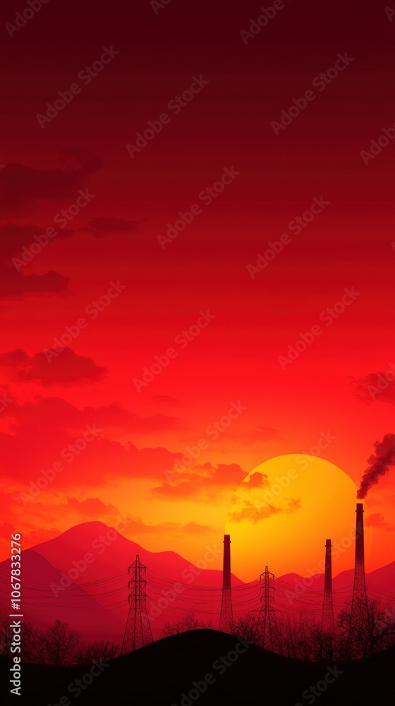 Fototapeta premium Silhouette of factories against a vibrant red sunset sky with mountains in the background.