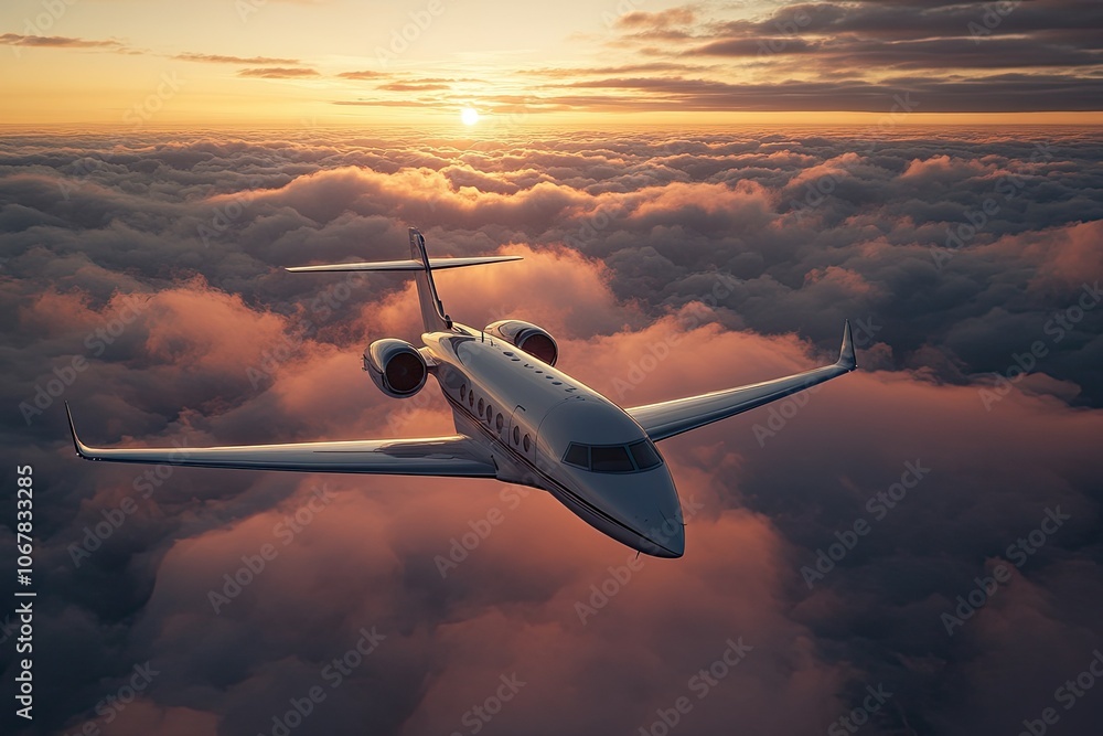 beautiful scene of air luxury plane flying above cloud sunset view background 