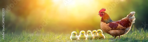 Mother hen and her chicks, a heartwarming scene of chicken family foraging in lush green grass