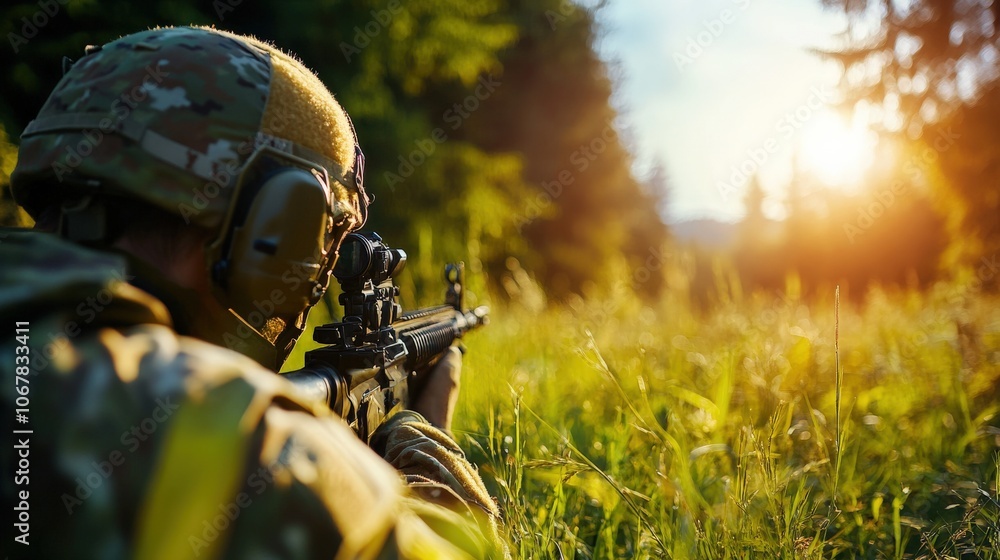 Soldier aiming weapon in grassy field during sunset, nature backdrop. Soldier aiming weapon in grassy field during sunset, nature backdrop.