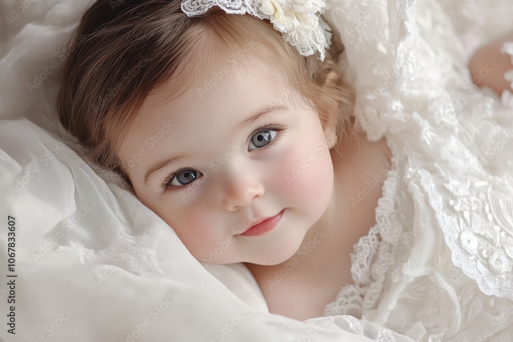 A beautiful baby gently wrapped in lace, adorned with a white floral headband, rests peacefully, embodying innocence and the soft pastel aesthetics of modern photography. A beautiful baby gently wrapped in lace, adorned with a white floral headband, rests peacefully, embodying innocence and the soft pastel aesthetics of modern photography.