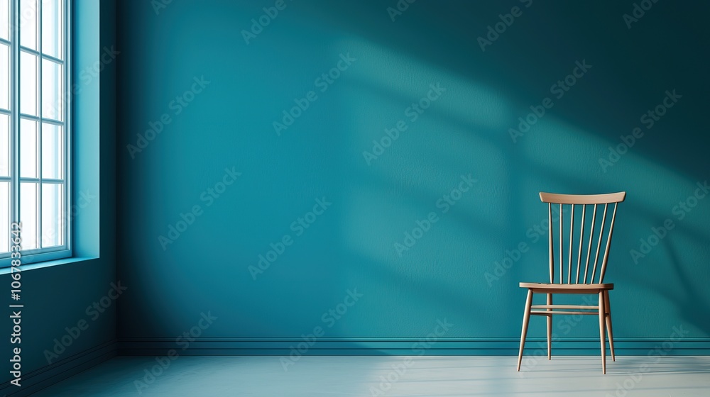 A minimalist room with a teal wall, wooden chair, and sunlight casting shadows through a window, creating a serene atmosphere. A minimalist room with a teal wall, wooden chair, and sunlight casting shadows through a window, creating a serene atmosphere.