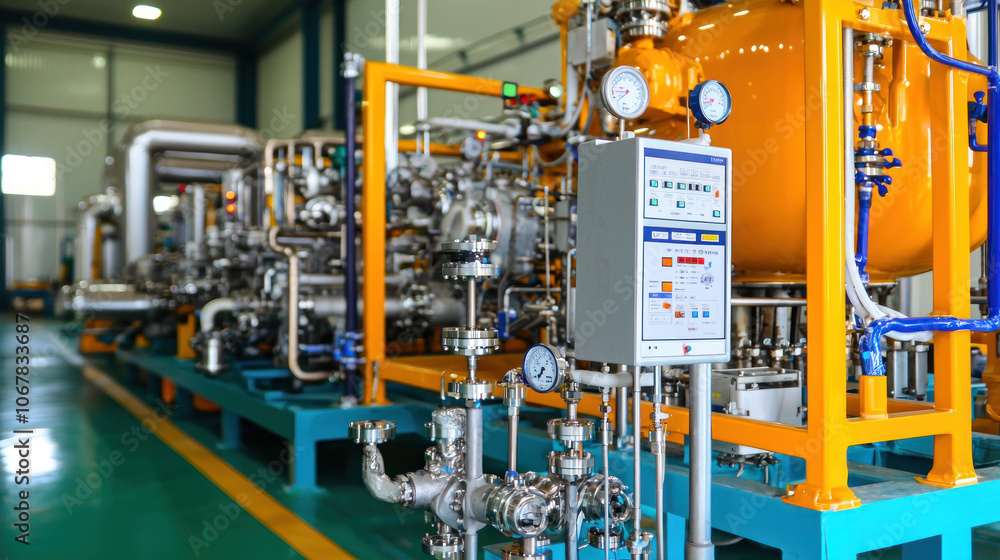 High tech machinery in clean fuel processing unit showcases advanced engineering. High tech machinery in clean fuel processing unit showcases advanced engineering.