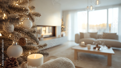 christmas, season, holiday, living room, snow, forest, christmas decoration, christmas tree, fir tree, decoration, ornament, stylish, modern, cool, luxury, night view, sunset, candle, fireplace