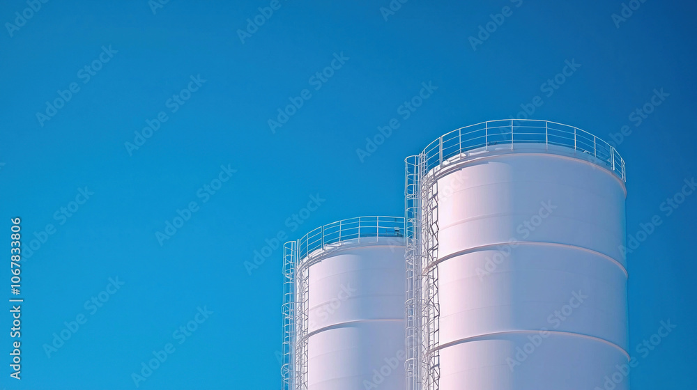 Large storage tanks at fuel refinery against clear blue sky. Large storage tanks at fuel refinery against clear blue sky.