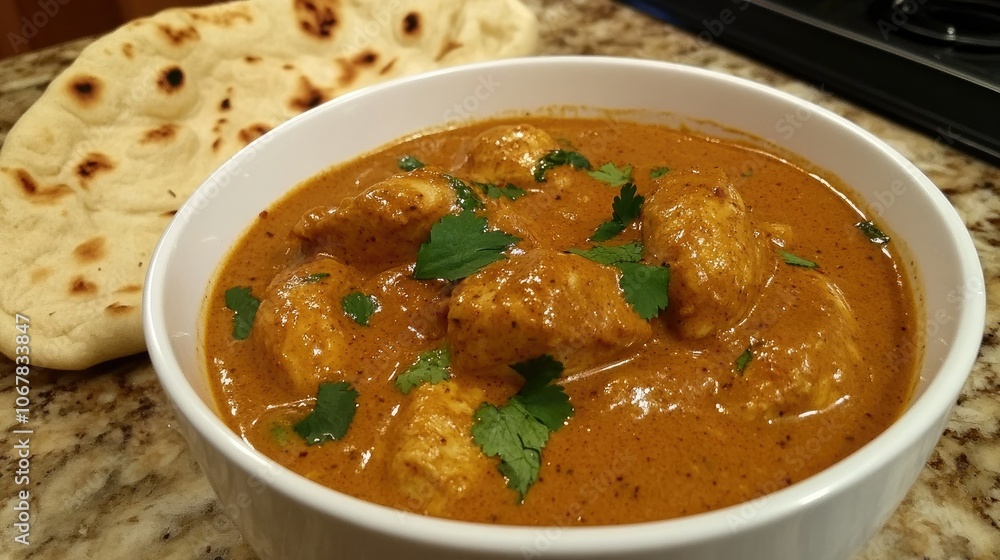 A captivating image of chicken curry in a bowl, with naan on the side, showcasing the delightful flavors of Indian cuisine. A captivating image of chicken curry in a bowl, with naan on the side, showcasing the delightful flavors of Indian cuisine.