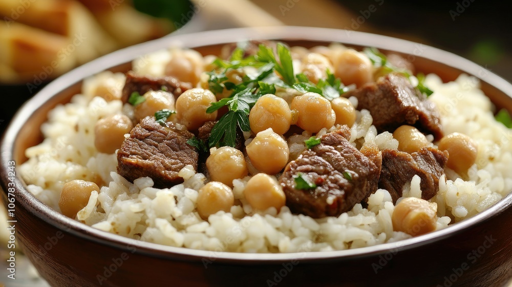 A close-up view of a bowl filled with fluffy rice, tender chickpeas, and juicy beef cubes, showcasing a delicious and nutritious meal. A close-up view of a bowl filled with fluffy rice, tender chickpeas, and juicy beef cubes, showcasing a delicious and nutritious meal.